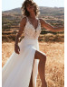 V Neck Ivory Lace Chiffon High Slit Wedding Dress